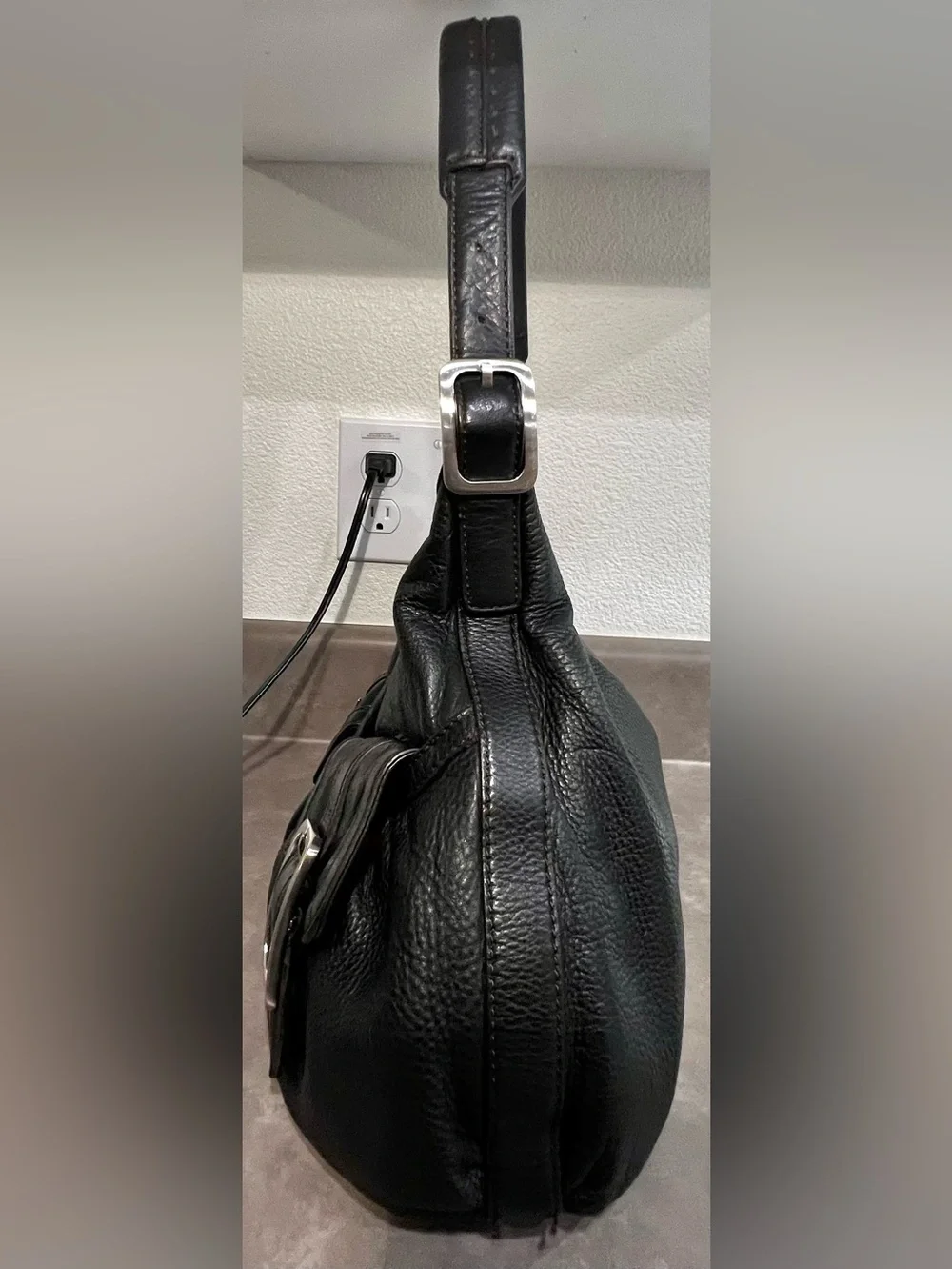 ✨COLE HAAN Y2K Large Black Leather Hobo Slouchy Shoulder Bag Buckles Pockets Zip